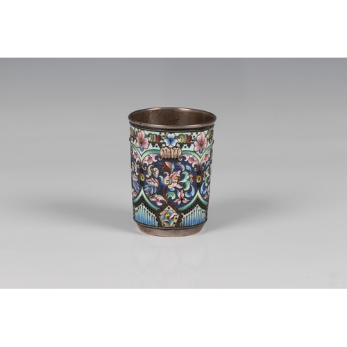 121 - A 19th century Russian silver and cloisonné enamel hand decorated beaker (charka), of slightly taper... 