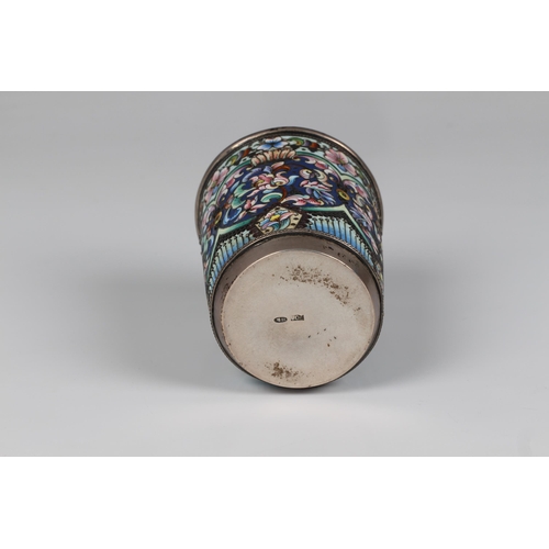 121 - A 19th century Russian silver and cloisonné enamel hand decorated beaker (charka), of slightly taper... 