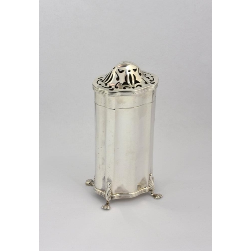 130 - An elegant Edwardian silver sugar caster, Birmingham, 1909, maker's mark indistinct, of shaped elong... 