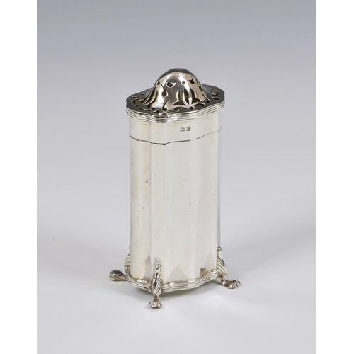 130 - An elegant Edwardian silver sugar caster, Birmingham, 1909, maker's mark indistinct, of shaped elong... 