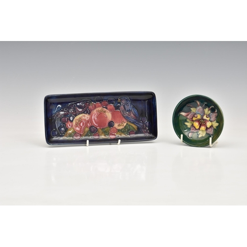 14 - Moorcroft Pottery rectangular pen tray and miniature bowl, the pen tray in the 'finches' pattern, on... 