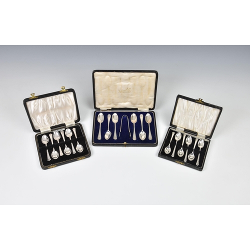 143 - Three cased sets of silver coffee spoons, comprising a set of six with tongs, Deakin & Francis, Lond... 