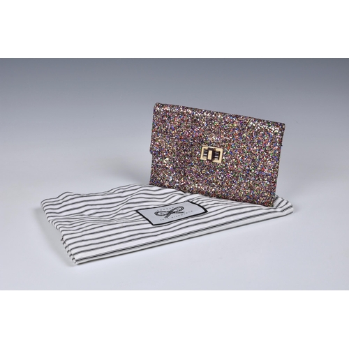 1447 - An Anya Hindmarch pink glitter clutch bag, with gold toned twist clasp and gold flap lining, the nud... 