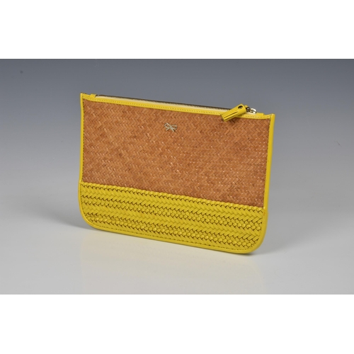 1448 - An Anya Hindmarch raffia clutch bag, in raffia and yellow woven leather, with monogram lining and si... 