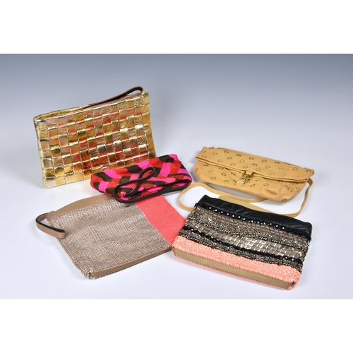 1453 - Three clutch bags by one in Hoss, one in woven gold leather with tan wrist strap; one in beige and p... 