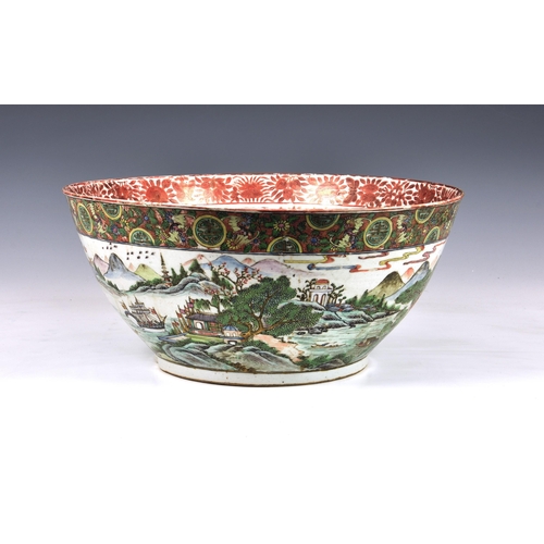 1470 - A large Chinese export porcelain Canton famille rose punch bowl, worn four character seal mark to ba... 