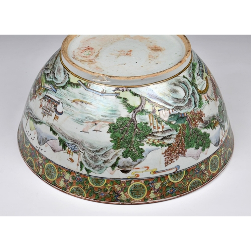 1470 - A large Chinese export porcelain Canton famille rose punch bowl, worn four character seal mark to ba... 