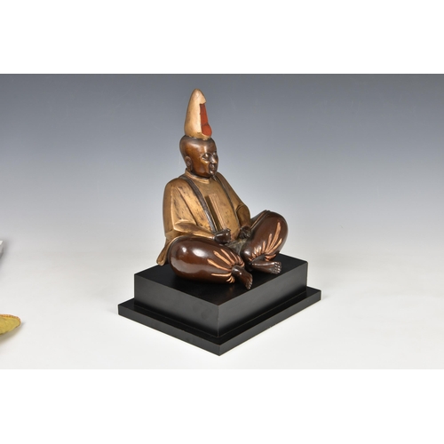 1474 - A Chinese patinated and painted bronze figure of Buddha Shakyamuni, 20th century, seated holding a f... 