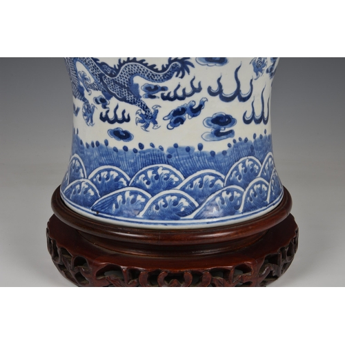 1475 - A Chinese blue and white porcelain meiping dragon vase, Qianlong six character mark to base but late... 