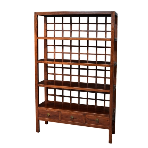 1478 - A set of Chinese elm wood open book shelves, probably 19th century, the four graduated, open shelves... 