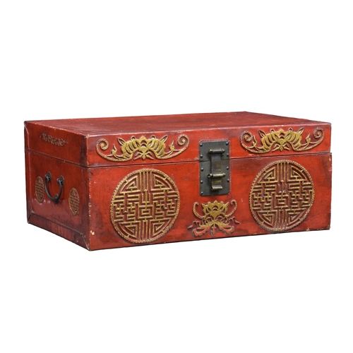 1493 - A Chinese red lacquer and parcel gilt cabin trunk, late 19th / early 20th century, rectangular with ... 