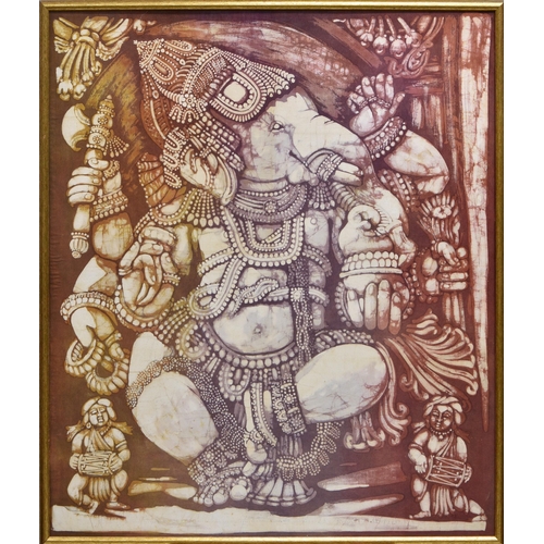 1497 - Three Indonesian batiks, one depicting the Hindu elephant deity Ganesh, 39 x 33¼in. (99 x 84.5cm.); ... 