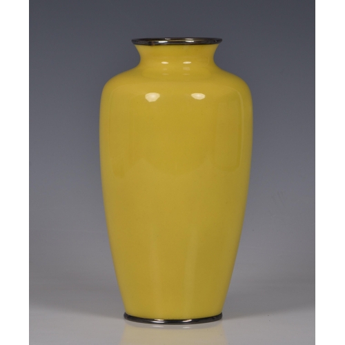 1503 - A yellow ground Japanese cloisonné vase, Meiji period, of baluster form with rounded shoulders, flar... 