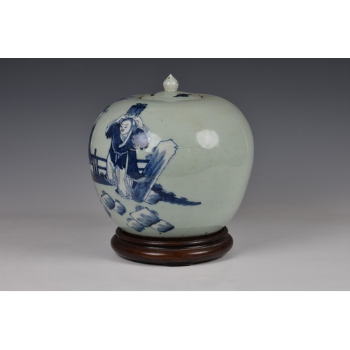 1519 - A Chinese porcelain celadon ground blue and white jar and cover, probably Guangxu period (1875-1908)... 