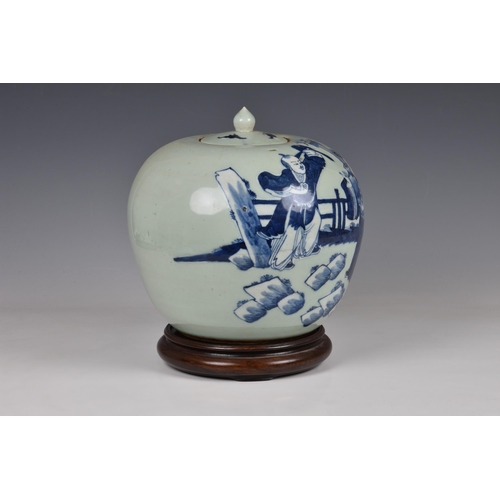 1519 - A Chinese porcelain celadon ground blue and white jar and cover, probably Guangxu period (1875-1908)... 