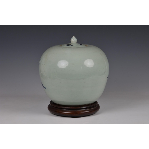 1519 - A Chinese porcelain celadon ground blue and white jar and cover, probably Guangxu period (1875-1908)... 