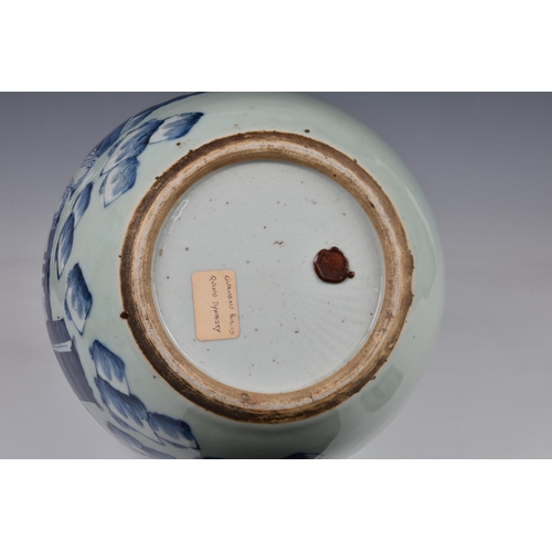 1519 - A Chinese porcelain celadon ground blue and white jar and cover, probably Guangxu period (1875-1908)... 