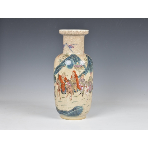 1525 - A Chinese famille rose crackle glaze rouleau vase, probably early 20th century, painted with a proce... 