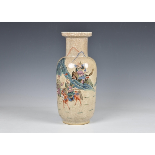 1525 - A Chinese famille rose crackle glaze rouleau vase, probably early 20th century, painted with a proce... 