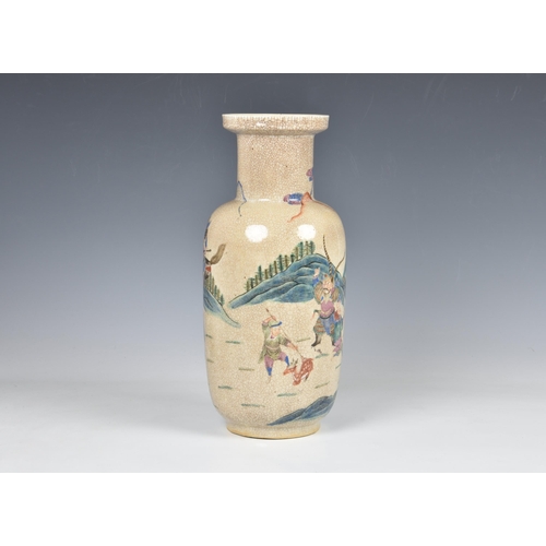 1525 - A Chinese famille rose crackle glaze rouleau vase, probably early 20th century, painted with a proce... 