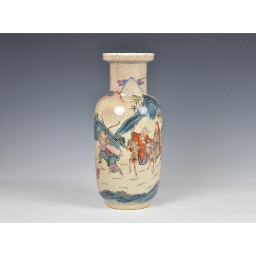 1525 - A Chinese famille rose crackle glaze rouleau vase, probably early 20th century, painted with a proce... 