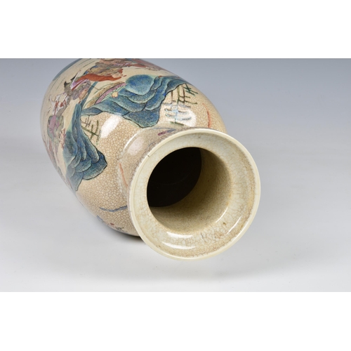 1525 - A Chinese famille rose crackle glaze rouleau vase, probably early 20th century, painted with a proce... 