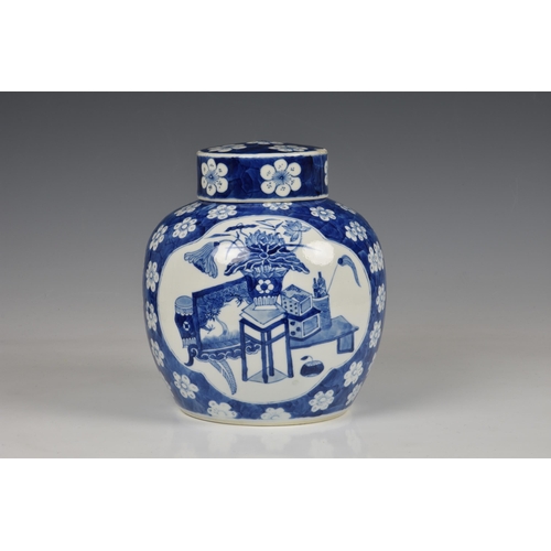 1526 - A Chinese blue and white ginger jar, probably early 20th century, with two shaped reserves of room i... 