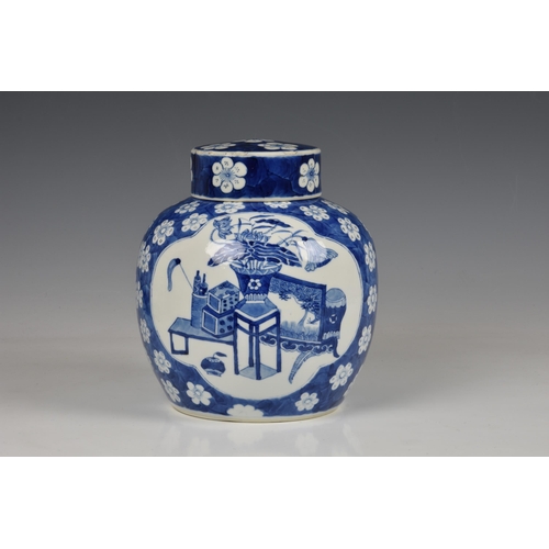 1526 - A Chinese blue and white ginger jar, probably early 20th century, with two shaped reserves of room i... 