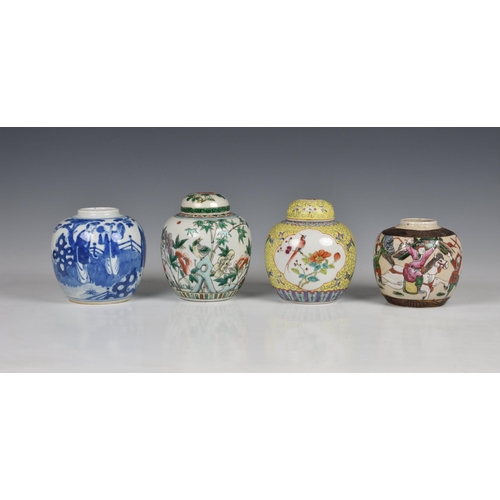 1529 - Four Chinese porcelain ginger jars, 20th century, one blue and white, painted with elegant ladies in... 