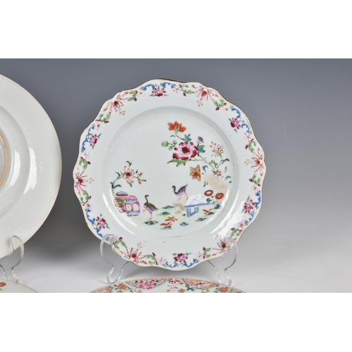 1532 - Three Chinese export porcelain famille rose plates, comprising a plate with scalloped rim, painted w... 