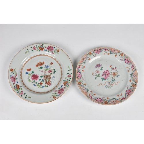 1532 - Three Chinese export porcelain famille rose plates, comprising a plate with scalloped rim, painted w... 