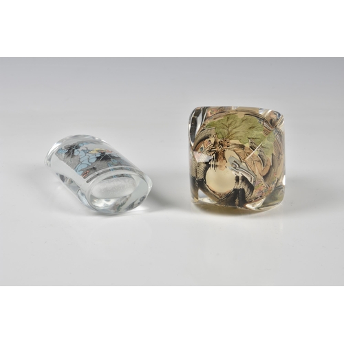 1539 - Two Chinese inside painted glass snuff bottles, 20th century, one of tapered, square form, painted w... 