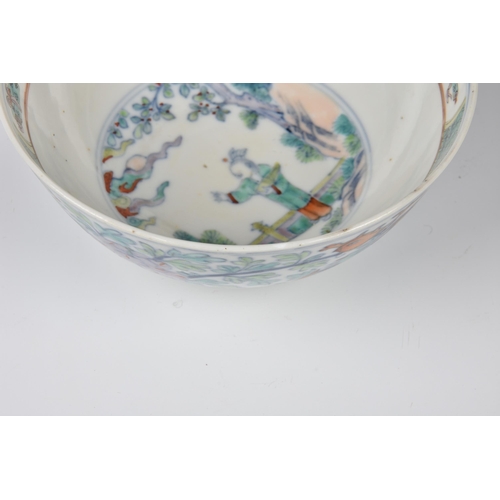 1545 - A Chinese porcelain doucai phoenix bowl, four character seal mark, probably 19th century, with round... 