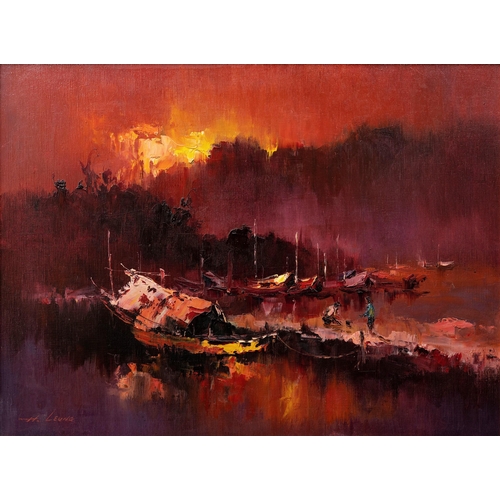 1567 - H. Leung (Chinese, b.1933), Fishermen sorting their catch at sunset  oil on canvas, signed lower lef... 