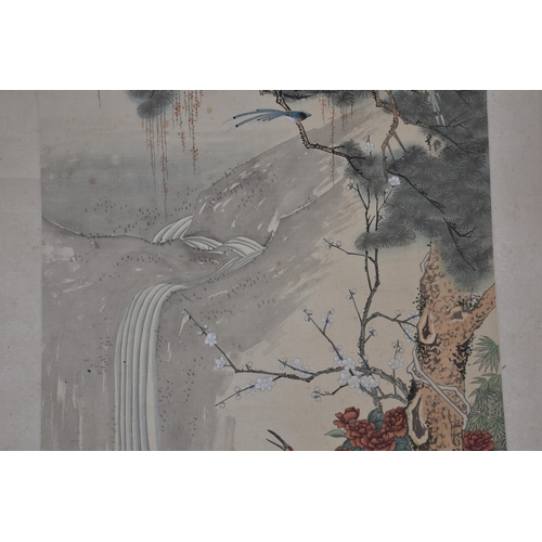 1570 - Chinese School - a watercolour scroll painting, probably mid-20th century, depicting two cranes in a... 