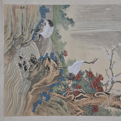 1570 - Chinese School - a watercolour scroll painting, probably mid-20th century, depicting two cranes in a... 