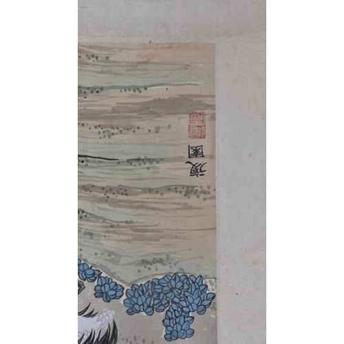 1570 - Chinese School - a watercolour scroll painting, probably mid-20th century, depicting two cranes in a... 