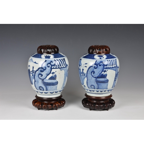 1573 - A pair of Chinese blue and white porcelain jars, Qing Dynasty, probably Kangxi period (1662-1722), A... 