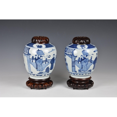 1573 - A pair of Chinese blue and white porcelain jars, Qing Dynasty, probably Kangxi period (1662-1722), A... 