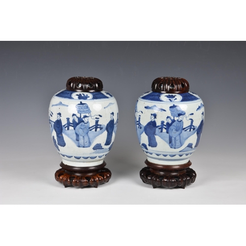 1573 - A pair of Chinese blue and white porcelain jars, Qing Dynasty, probably Kangxi period (1662-1722), A... 