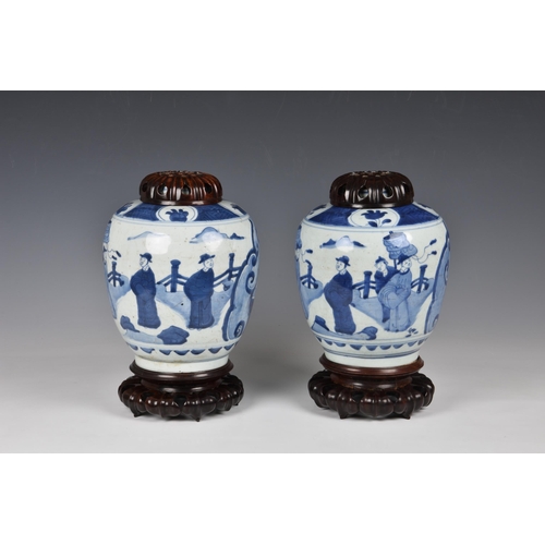 1573 - A pair of Chinese blue and white porcelain jars, Qing Dynasty, probably Kangxi period (1662-1722), A... 