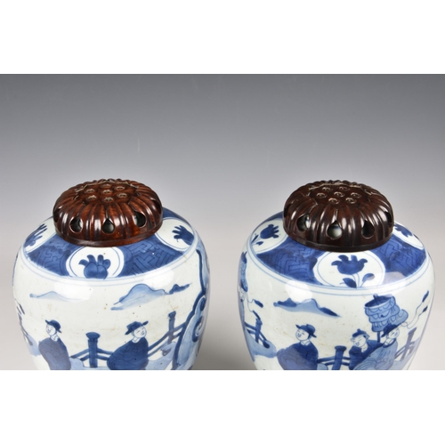 1573 - A pair of Chinese blue and white porcelain jars, Qing Dynasty, probably Kangxi period (1662-1722), A... 