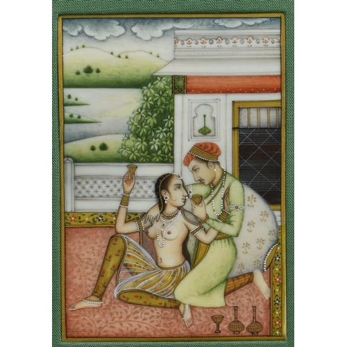 1581 - Two Indian miniature gouache paintings of lovers, 20th century, one 4 x 2¾in., the other 3 5/8 x 2 7... 