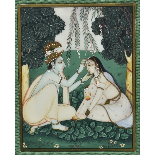 1581 - Two Indian miniature gouache paintings of lovers, 20th century, one 4 x 2¾in., the other 3 5/8 x 2 7... 