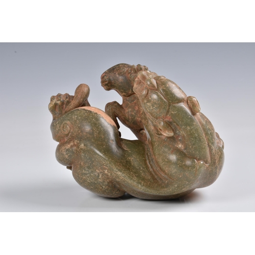 1584 - A Chinese carved celadon jade figure of a jaguar and ram, with certificate stating Ming period (1368... 