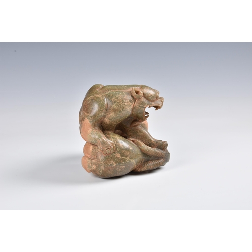 1584 - A Chinese carved celadon jade figure of a jaguar and ram, with certificate stating Ming period (1368... 