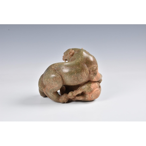 1584 - A Chinese carved celadon jade figure of a jaguar and ram, with certificate stating Ming period (1368... 