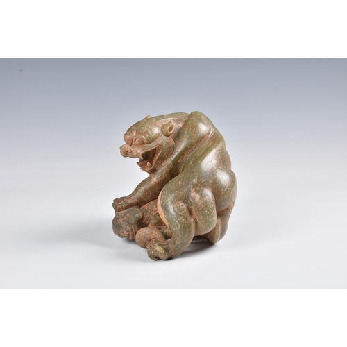 1584 - A Chinese carved celadon jade figure of a jaguar and ram, with certificate stating Ming period (1368... 