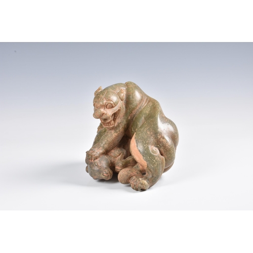 1584 - A Chinese carved celadon jade figure of a jaguar and ram, with certificate stating Ming period (1368... 