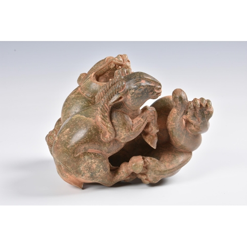 1584 - A Chinese carved celadon jade figure of a jaguar and ram, with certificate stating Ming period (1368... 